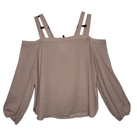 BCBGMAXAZRIA Tina Bare Pink Woven Exposed Shoulder Subtle balloon sleeve top Lg - Picture 4 of 9